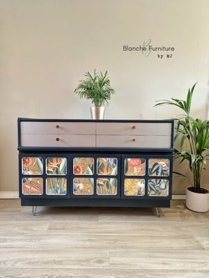Image of Stunning Nathan Sideboard in Navy Blue with Decoupaged Squares, Silver Drawers