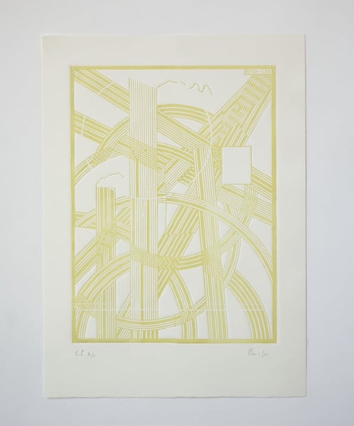 Image of STEN • LEX, PAESAGGIO INDUSTRIALE XXXII, LINOCUT, COLOR PROOF YELLOW, EDITION of 12. 