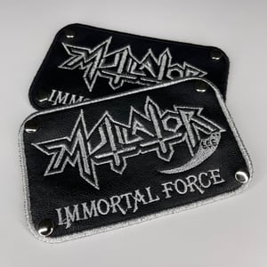 Image of Mutilator - Immortal Force Embroidery On Faux Leather Patch With 4 Studs Attached