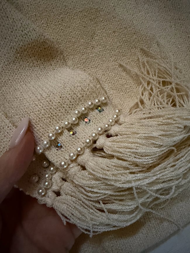 early 70s italian luxury knit trouser set w embellished bra top and sash belt