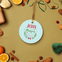 Image 1 of Double-sided ceramic ornaments (JESUS IS THE REASON FOR THE SEASON) (ON LIGHT BLUE)