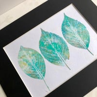 Image 1 of Collage on Rice Paper, Leaf Impressions, 3 Teal Green Leaves, 8x10 Ready to Frame 