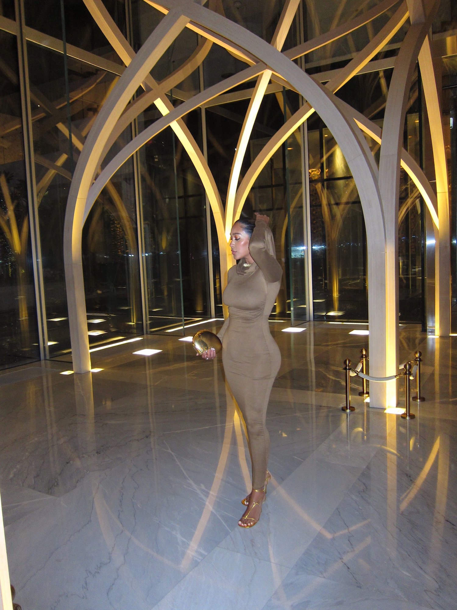 Image of HOODED CAMEL RUCHED MAXI DRESS (SMALL)