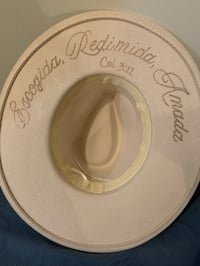 Image 5 of "Escogida, Redimida, Amada" Hand-Burned Felt Wide Brim Fedora Hat
