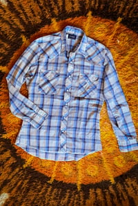 Image 2 of Vintage Mens 70s blue checked snap button western shirt size M