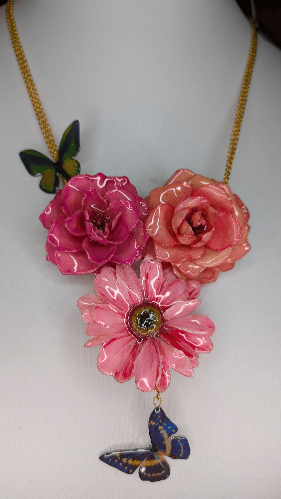 Image of OOAK Pink Roses & Art Butterfly Necklace