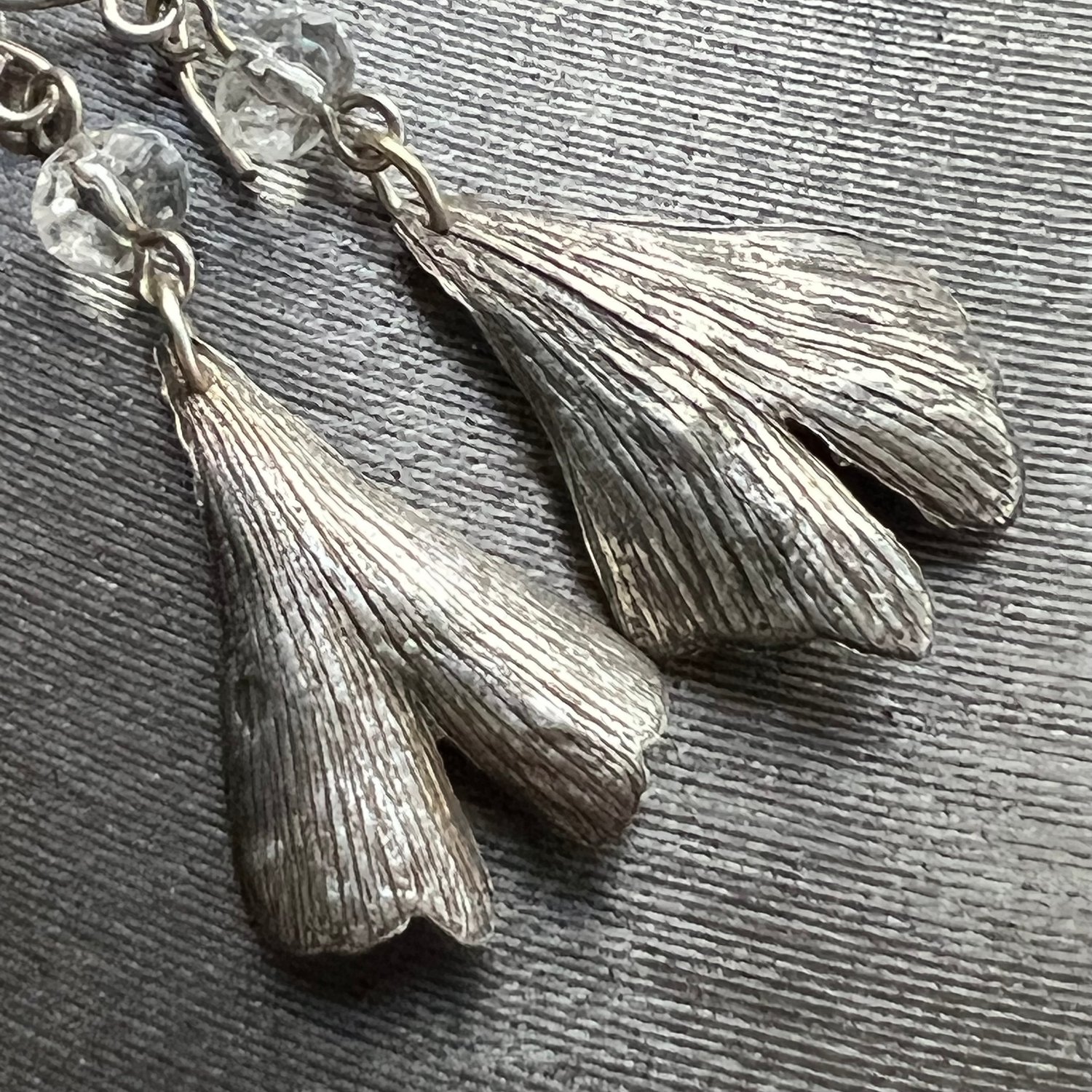 Image of Fine Silver Ginko Earrings with Faceted Crystal Bead