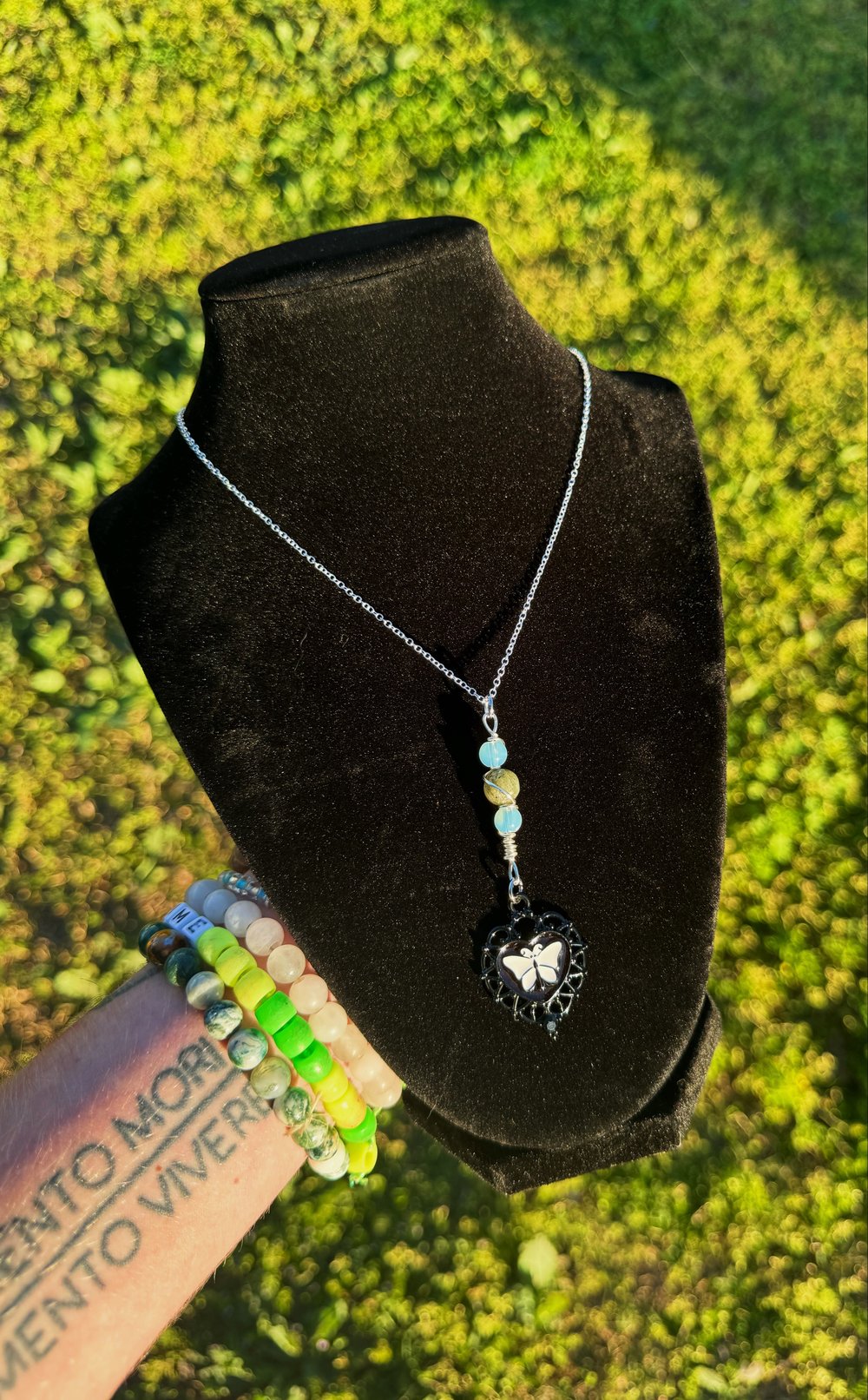 Image of Butterfly Heart Necklace w/ Opalite & Labradorite (Sterling Silver plated chain)