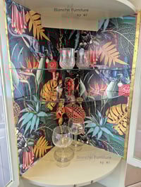 Image 3 of Tall, Mid Century, Curved Corner Drinks Cabinet unit with light with botanical lining.