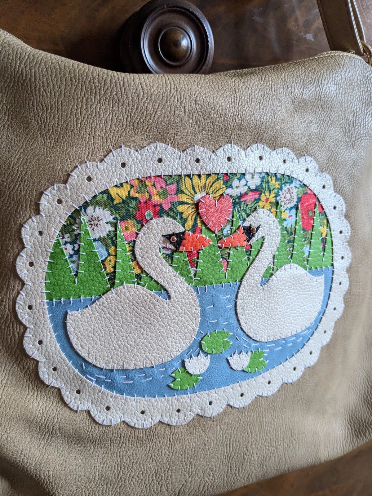 Image of Upcycled Beige Swan Lake Shoulder Bag