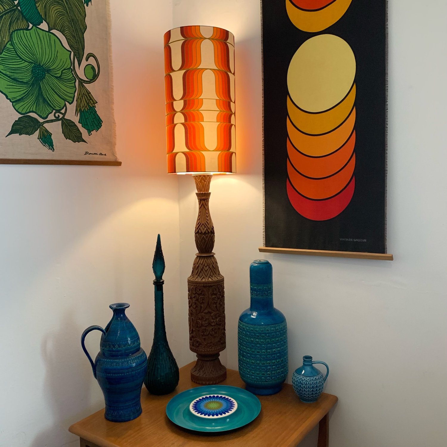 Image of Huge Mid Century Tiki style carved solid teak lamp w/ custom Vintage Groove shade