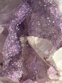 Image 2 of LAVENDER DRUZY QUARTZ EGG WITH RAINBOW FILLED CALCITE POINT ON A STAND -URUGUAY-