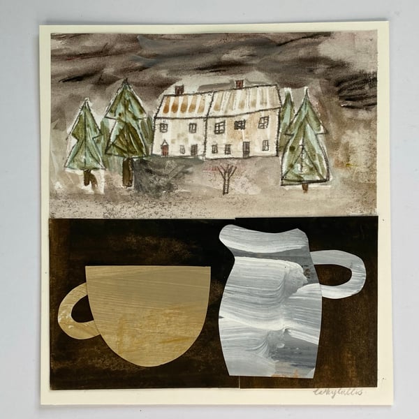 Image of Winter window with jug on dark table - mixed media artwork 