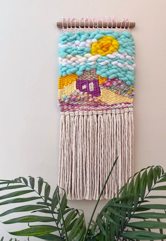 Little purple house & the aqua sky. Woven wall hanging.