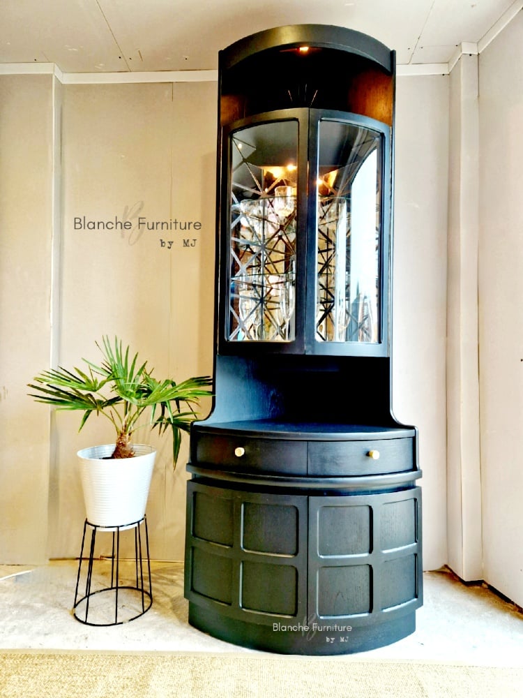 Image of Nathan Corner Drinks Cabinet unit with light in Black - with geometric styled mirrors