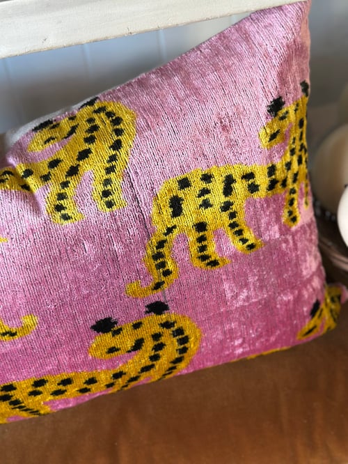 Image of Pink Cheetah Ikat Velvet Cushion