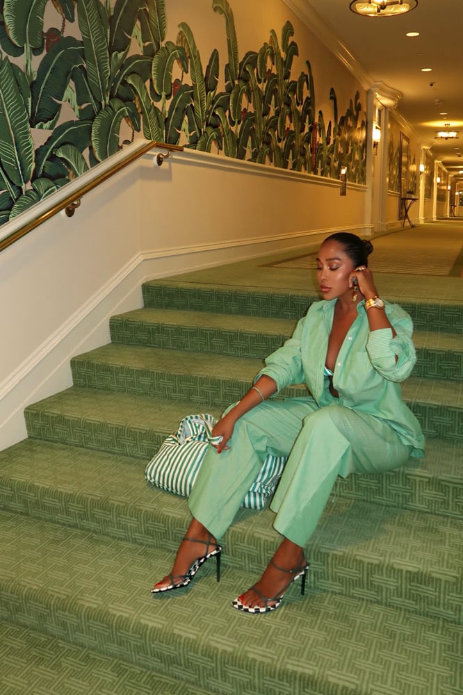 Image of ZARA GREEN STRIPED POPLIN PJ TOP (S) & PANTS(M) 