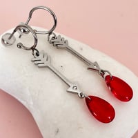 Image 1 of Arrow and Red Glass Droplet Half Hoops - Stainless