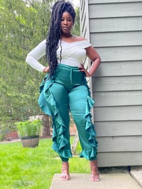 Image 2 of Satin Ruffle Joggers ( GREEN)