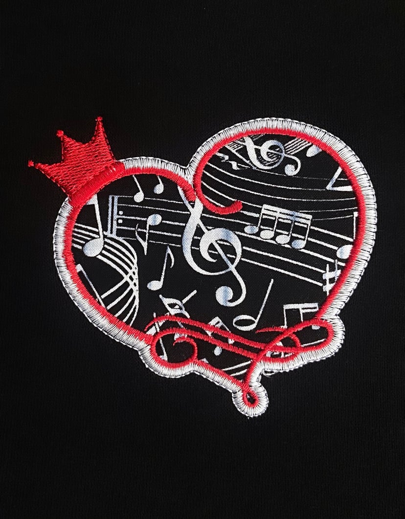Image of Music Notes Fabric with Heart & Crown (on Black Hoodies)
