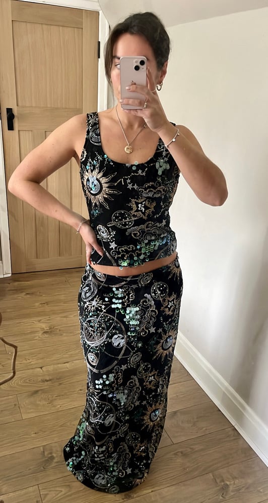 The Universe Top. Heavily embellished cosmic, star, sun and moon sequin top