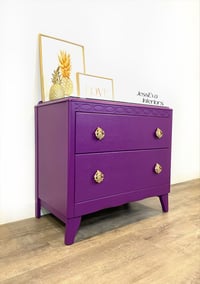 Image 2 of Vintage Harris Lebus CHEST OF DRAWERS painted in bright purple with glass top
