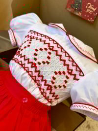 Image 1 of Red and white smocked suit 