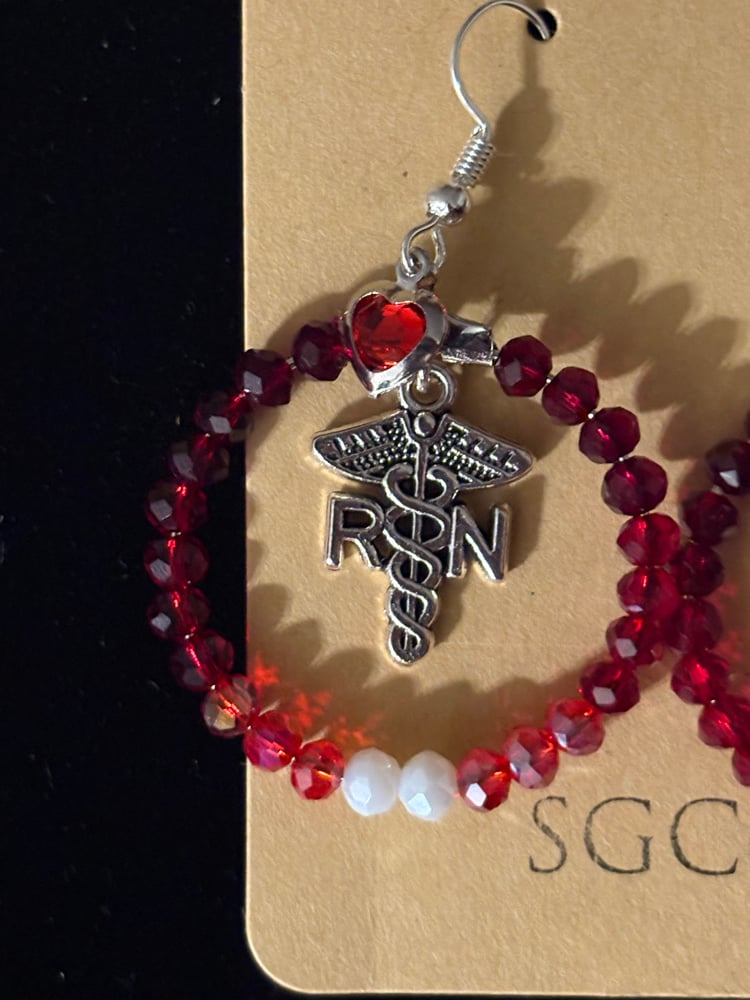 Image of RN Caduceus Hoop Earrings with Red Crystal Beads and Heart Accent