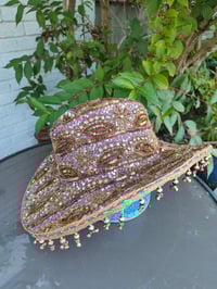 Image 4 of Dolly cowboy hat - recycled sari fabric light purple and rainbow tassle