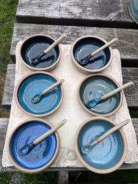 wide shallow mini pots and spoons - blues