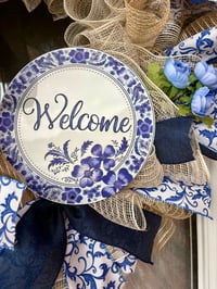 Image 2 of Welcome Blue and Burlap Floral Holiday Wreath
