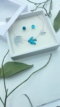 Image 3 of Stříbrný X Tyrkysový zrcadlový Náhrdelník Ptáčci