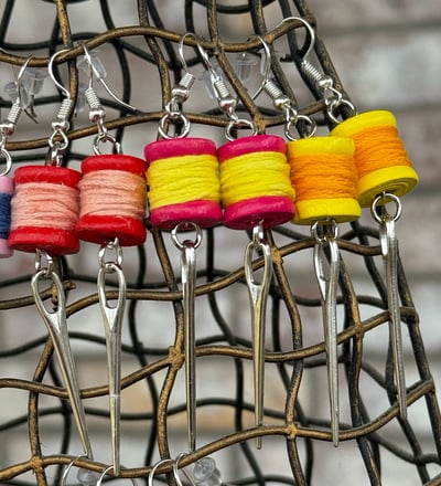 Image of Mini Thread Spool & Sewing Needle Earrings