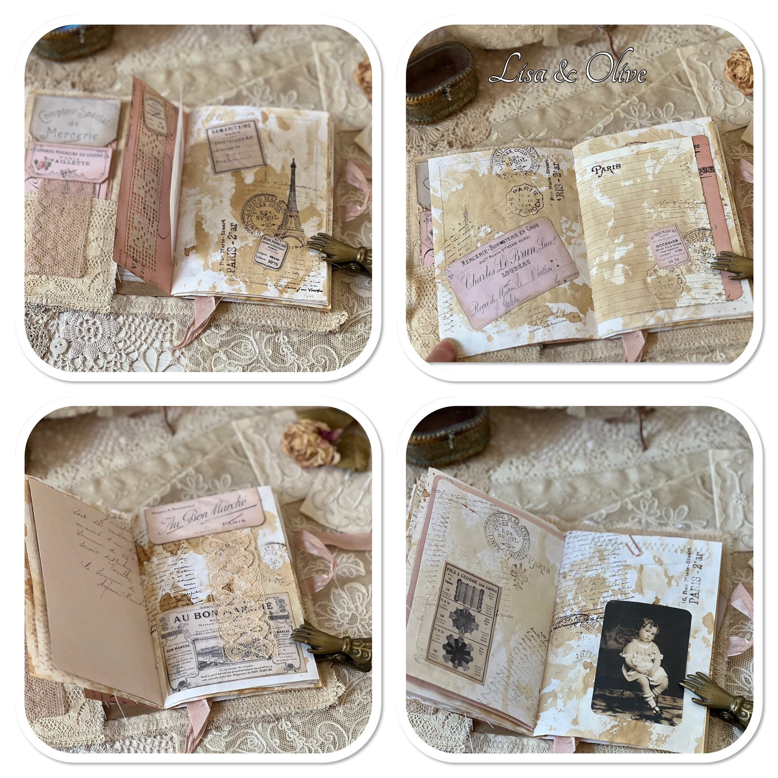 Shabby Heart Diary Valentine Junk Journal Canvas Fabric Cover with Eyelet Lace Coffee order Dyed Index Card Pages Open Spine Sari Ribbon Bound