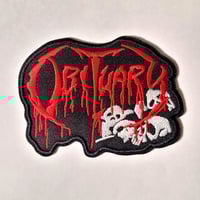 Image 1 of Obituary Band Logo & Skulls Embroidered Patch With A Merrowed Edge