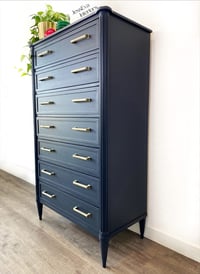 Image 3 of Vintage Stag Chateau Tallboy / Large Chest of Drawers painted in navy blue.