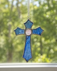 Image 1 of Light Blue Cross Stained Glass Suncatcher