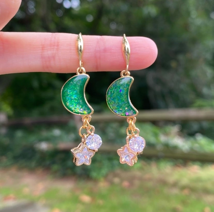 Image of Celestial Green Sky hook earrings ✨✨🌙✨