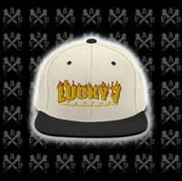 Image 2 of embroidered Snapback Hat lucky 7 burning