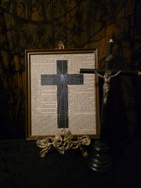 Image 1 of " 2 way Crucifix" 1800's bible page with preserved spider web - A