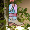 "Cherry Boot (White iridescent)" Stained Glass Hanging