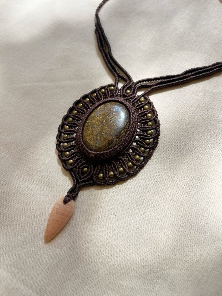 Image of Macrame necklace with bronzite and peach amazonite