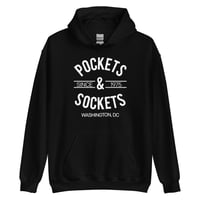 Image 1 of "POCKETS & SOCKETS" - Since 1975 (DC Utility Mark) Dark Unisex Hoodie -Whit Text (see color Options)