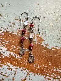 Image 1 of ruby and rainbow moonstone dangle earrings with sterling silver medallions