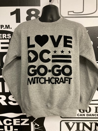 Image of Dark Gray/Black LOVE DC GOGO MITCHCRAFT Crewneck Sweatshirt