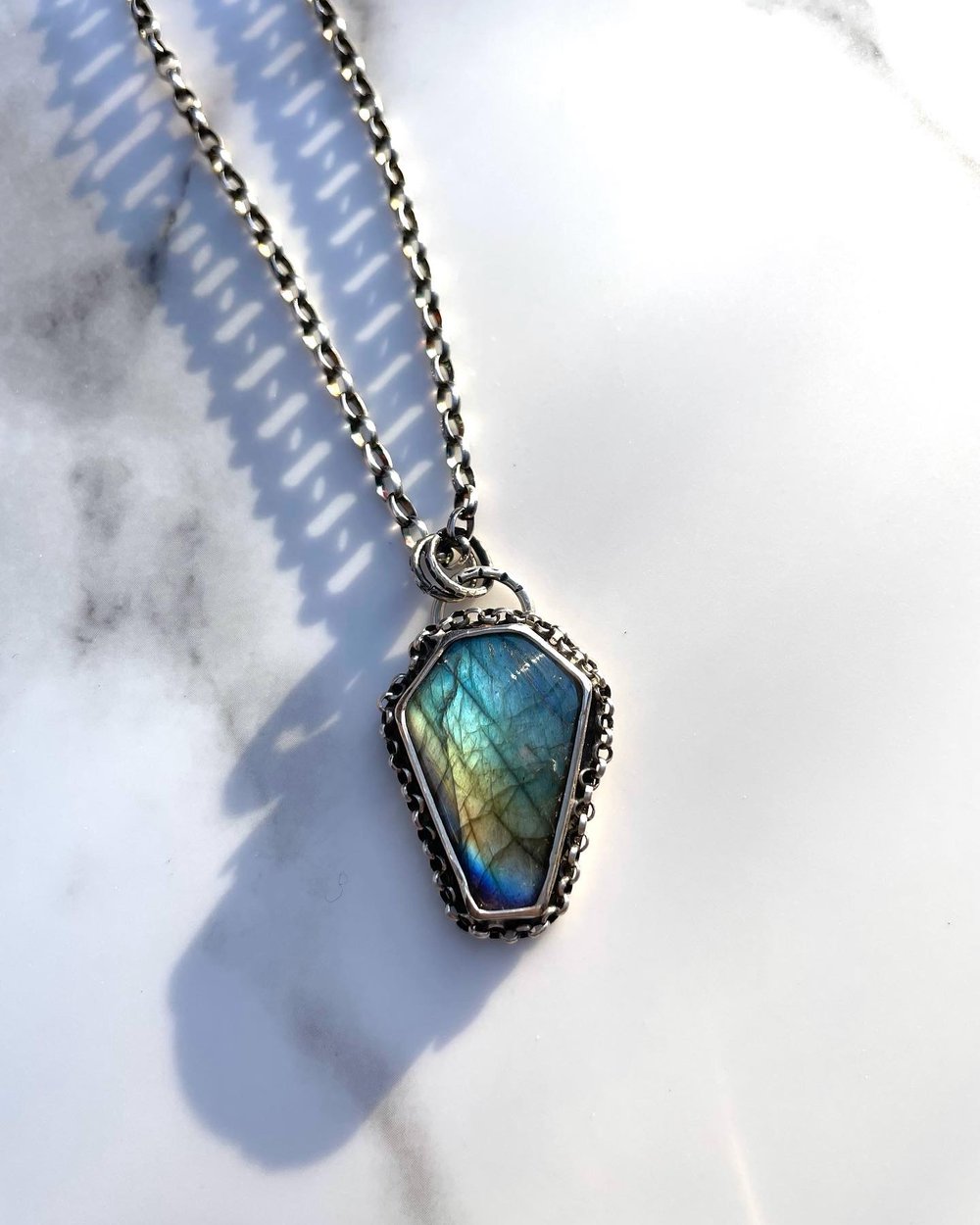 Handmade Sterling Silver Coffin Casket Labradorite Pendant 925