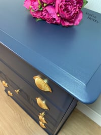 Image 5 of Stag Minstrel Chest Of Drawers / Tallboy painted in navy blue with gold cup handles 