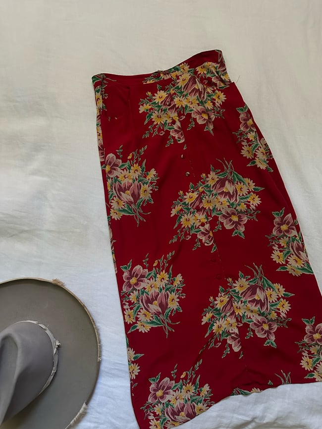 90s grunge era Betsey Johnson red floral rayon crepe maxi skirt 