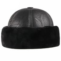 Image 2 of HT4415 High Quality Autumn Winter Cap Hat PU Leather Thick Warm Bomber Hat Solid Black Fleece Lined 