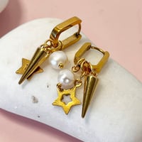 Image 1 of Triple charm oval Huggie Hoops - smaller with star, pearl and spike